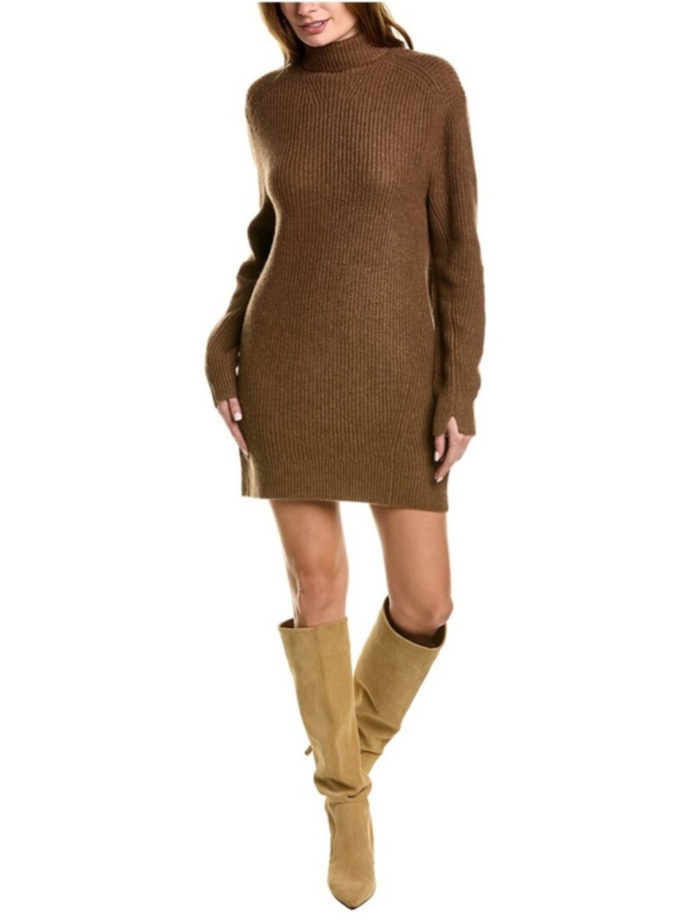 Rag & Bone Cashmere Wool Blend Brown Ribbed Turtleneck Sweater Dress Boho L